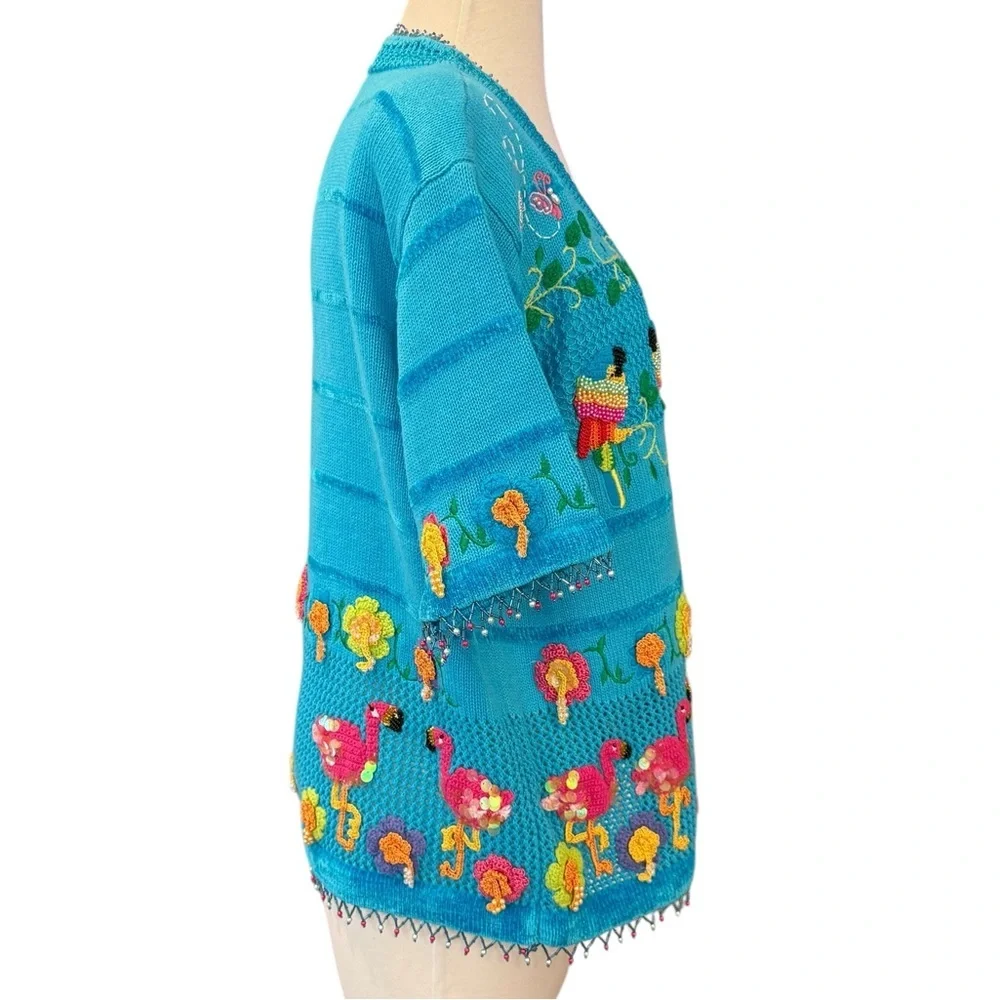 Berek Blue Art to Wear Hand Knitted Embellished Cardigan Sweater Rare Large VTG - Picture 3 of 16